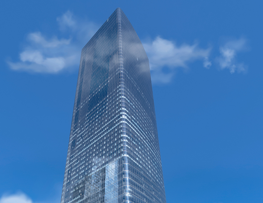 A very large skyscraper that is located in a downtown area and is made with a lot of glass.