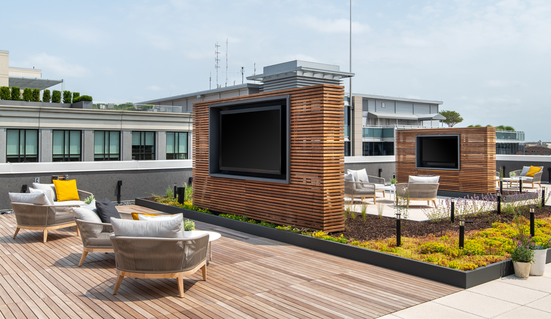 Exterior Seating Area with Viewing Screen at the Victor Building