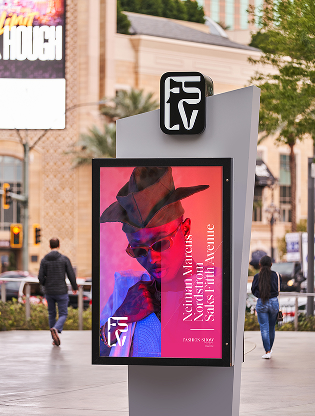 Fashion Show Las Vegas - FSLV - Exterior wayfinding signage featuring a black man wearing a hat and sunglasses