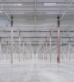 open warehouse view with clean white floors