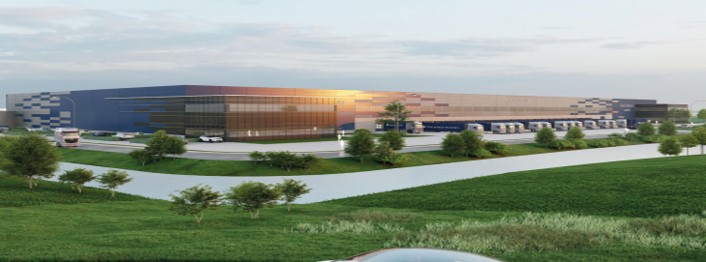 Rendering of exterior view of warehouse showing truck bays and green space beyond the roads