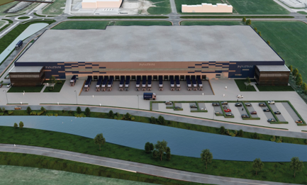 Rendering of warehouse exterior view from above showing car and truck parking