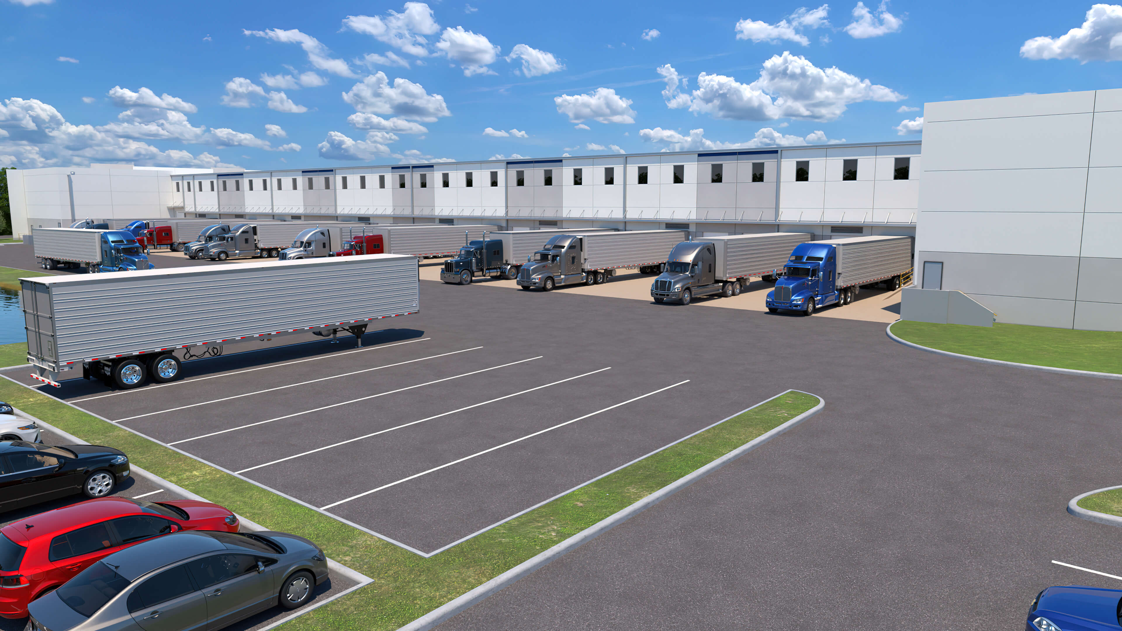 Airport West Commerce Center - Parking lot with sedans and semitrucks