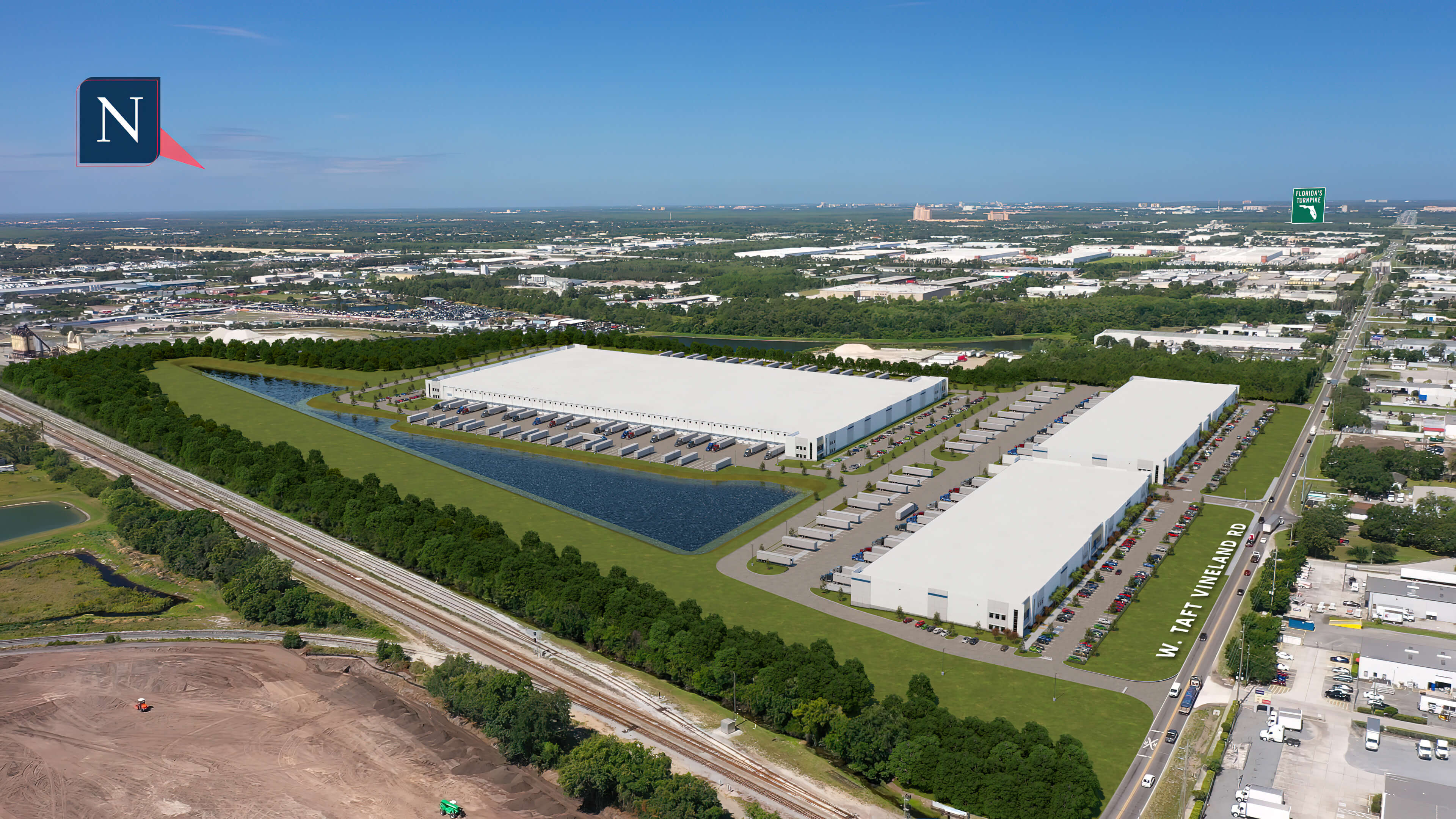 McCoy Field Logistics Center - bird's eye view of the logistics park with 3 white buildings