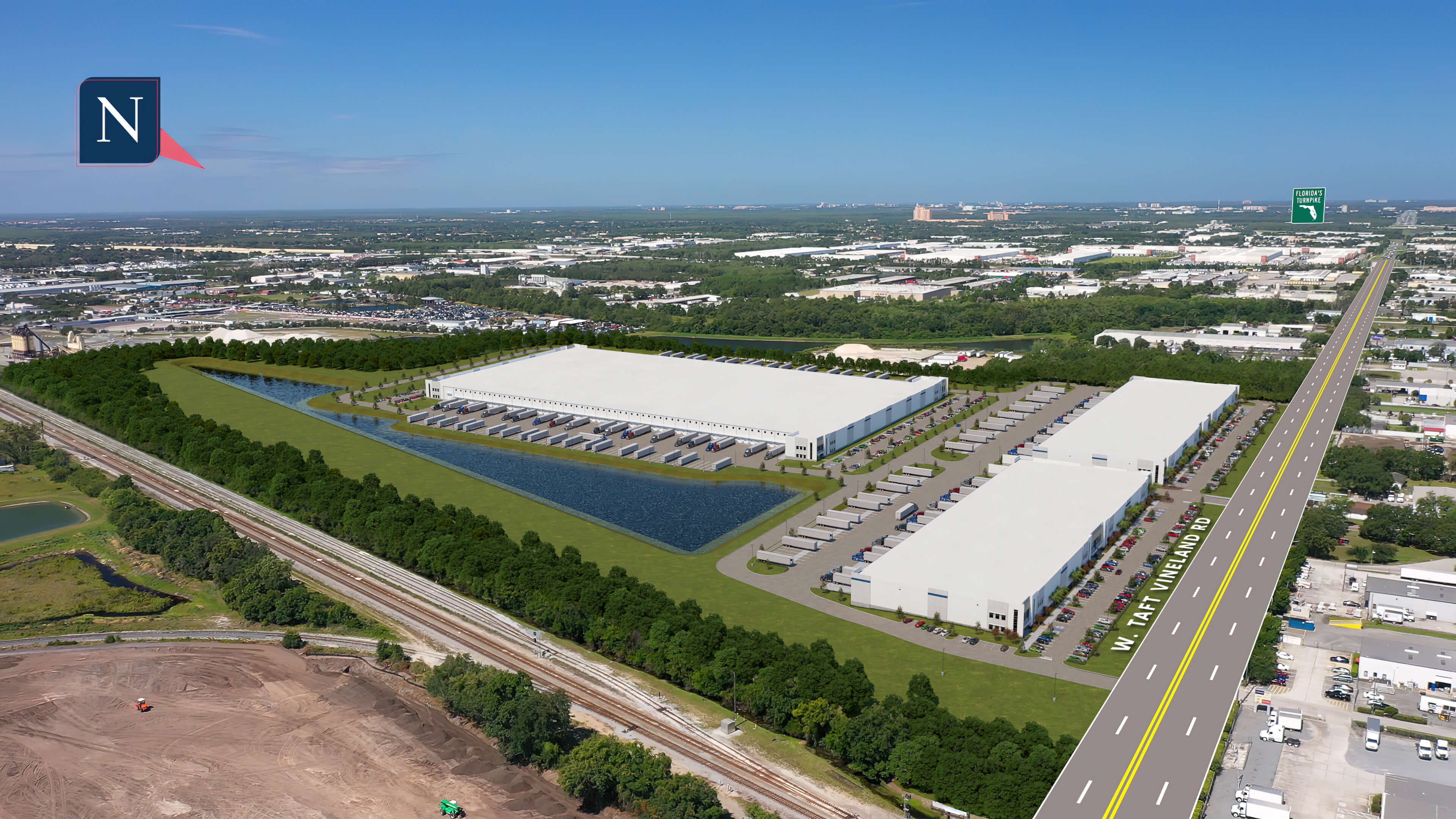 McCoy Field Logistics Center - bird's eye view on 3 white buildings with road expansion
