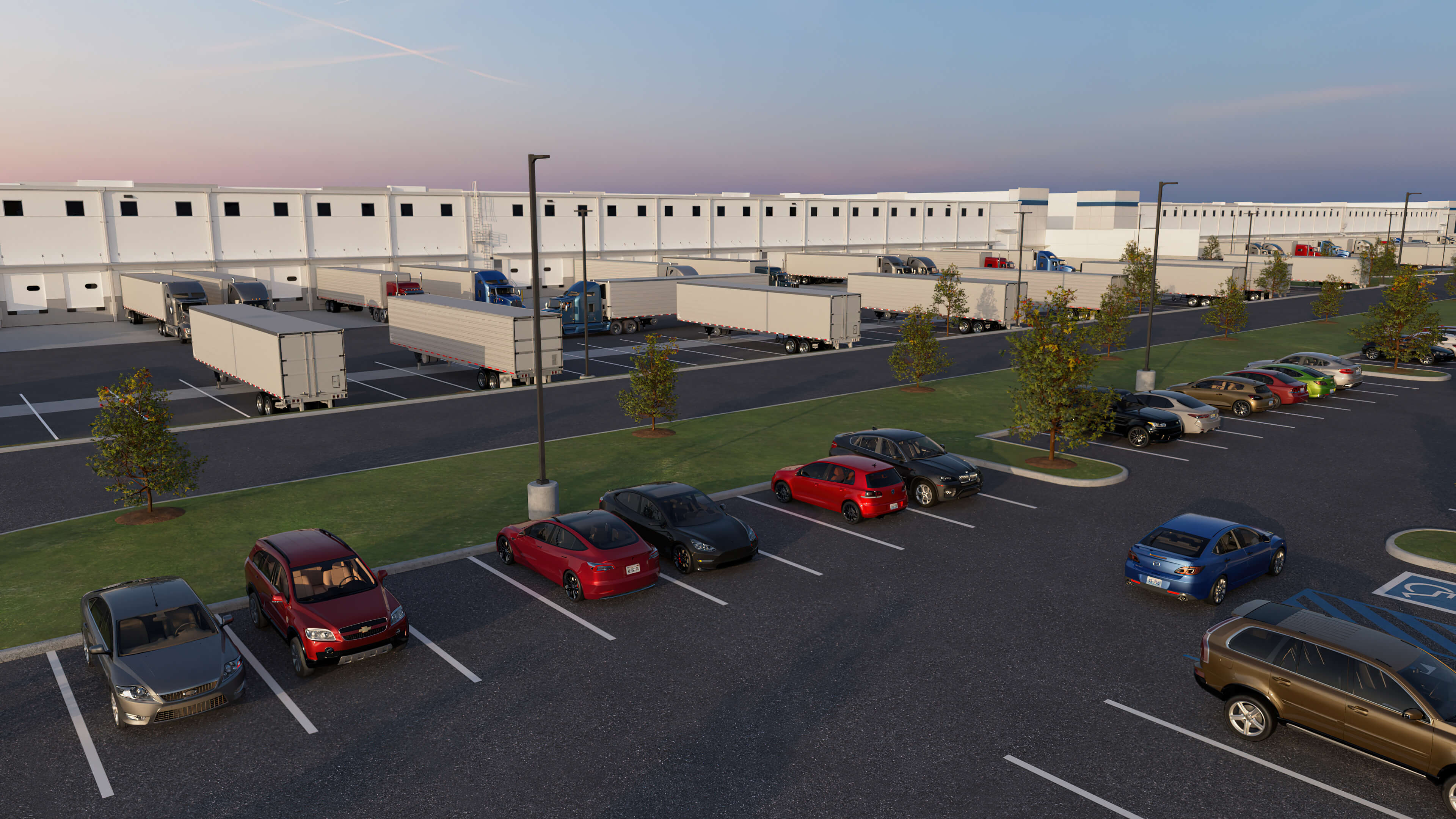McCoy Field Logistics Center - semitruck parking court adjacent to office parking