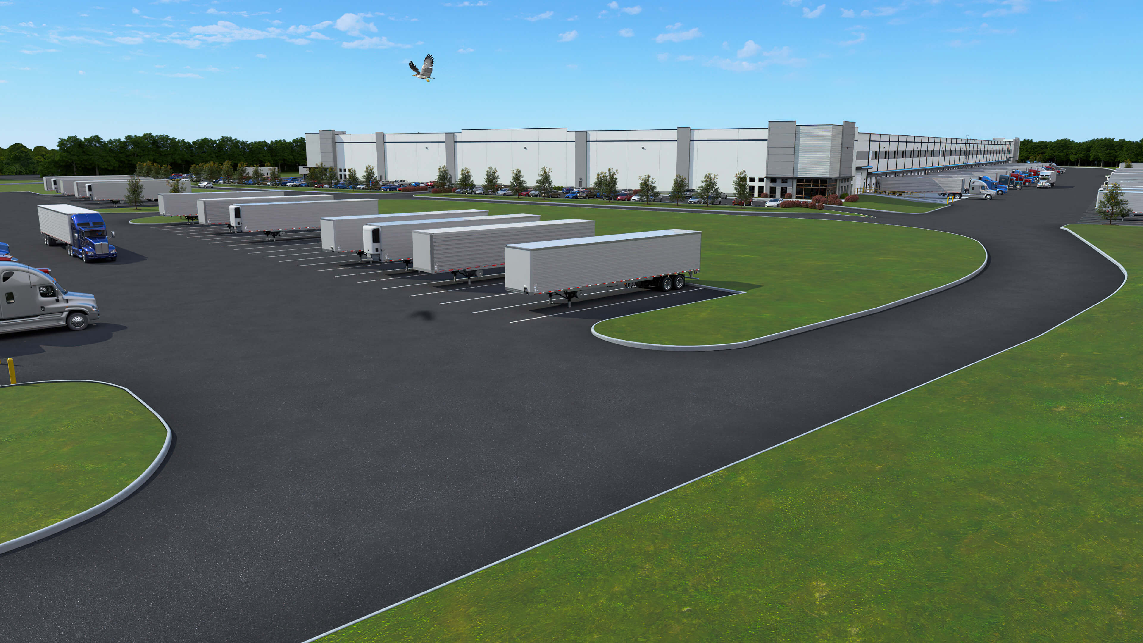 Falcon Parkway Logistics Center - semitruck parking along both sides of a white building
