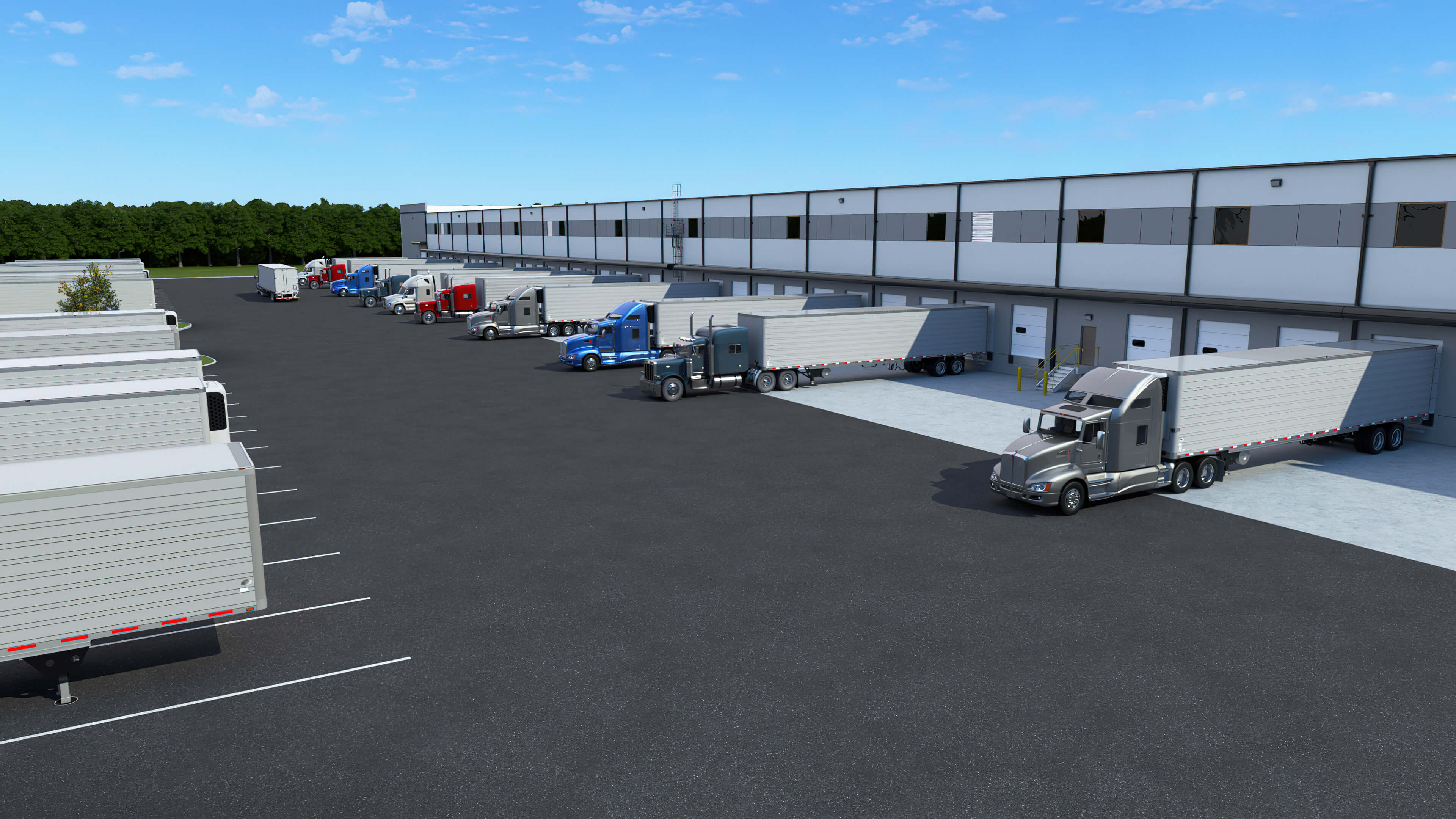 Falcon Parkway Logistics Center - close up of semitruck parking lot with semitrucks