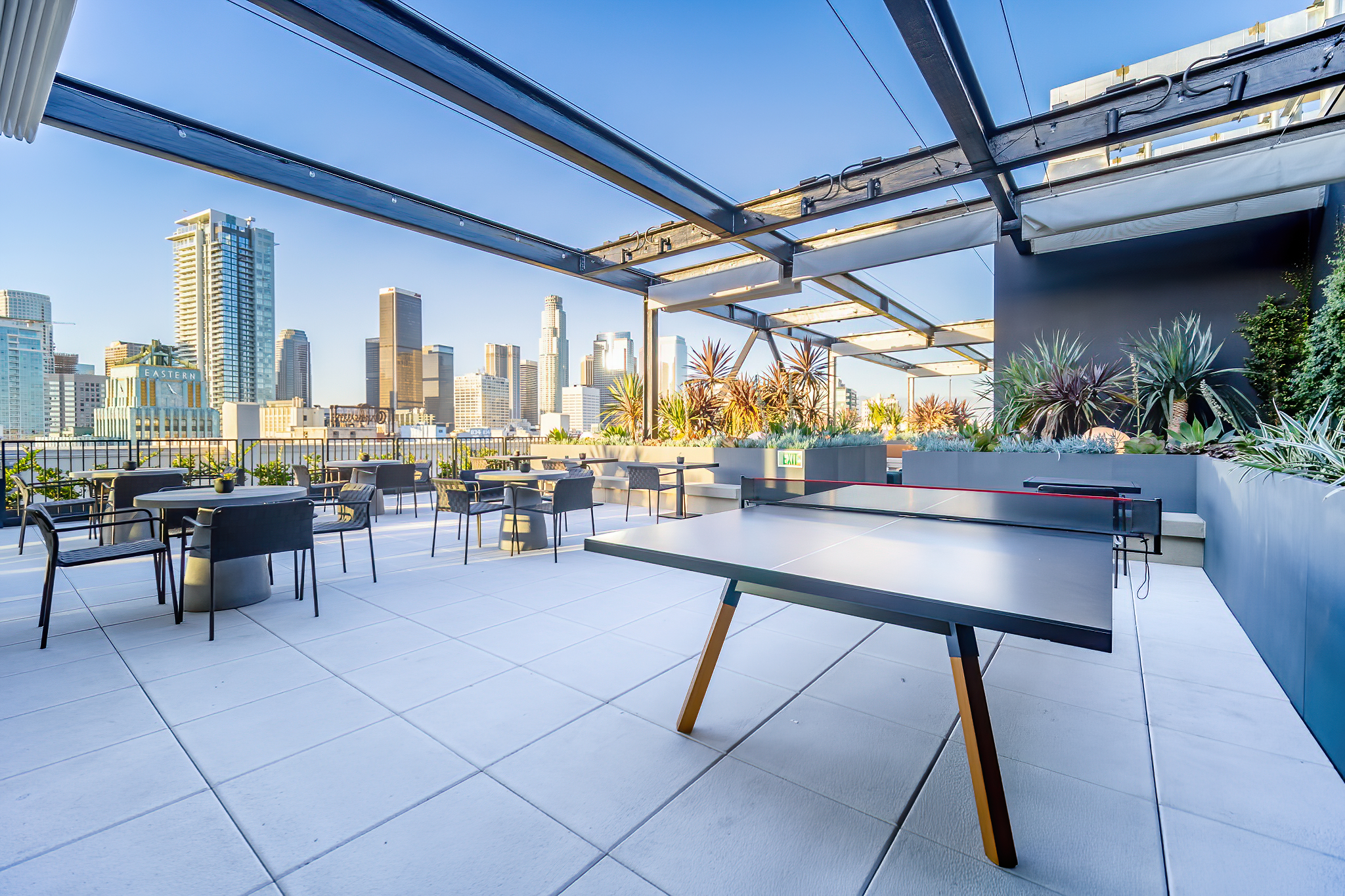 California Market Center (CMC) roof top deck with tables and chairs