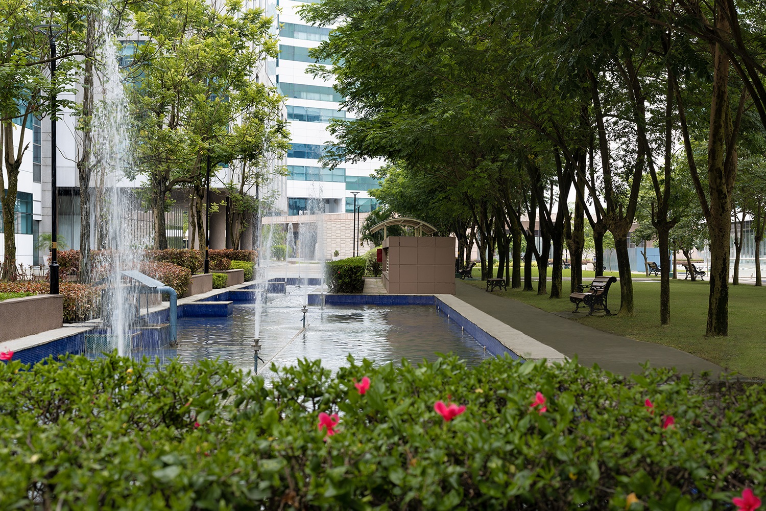 Candor Techspace, outdoor fountains and park benches in landscaped area