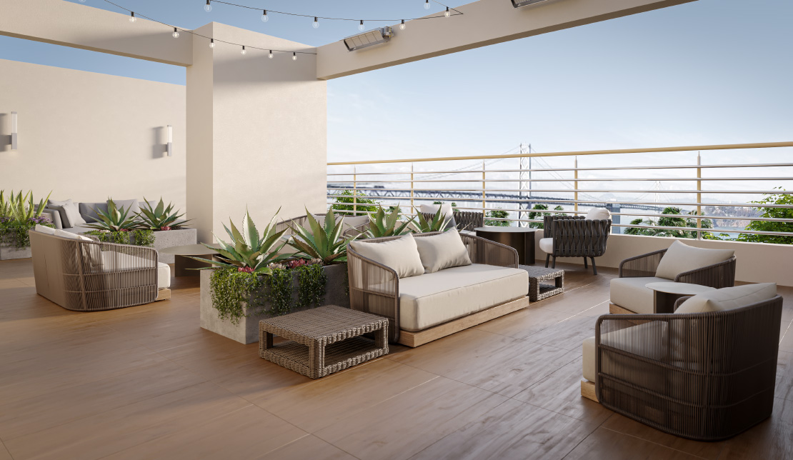 Alternate view of roof terrace with soft seating and side tables