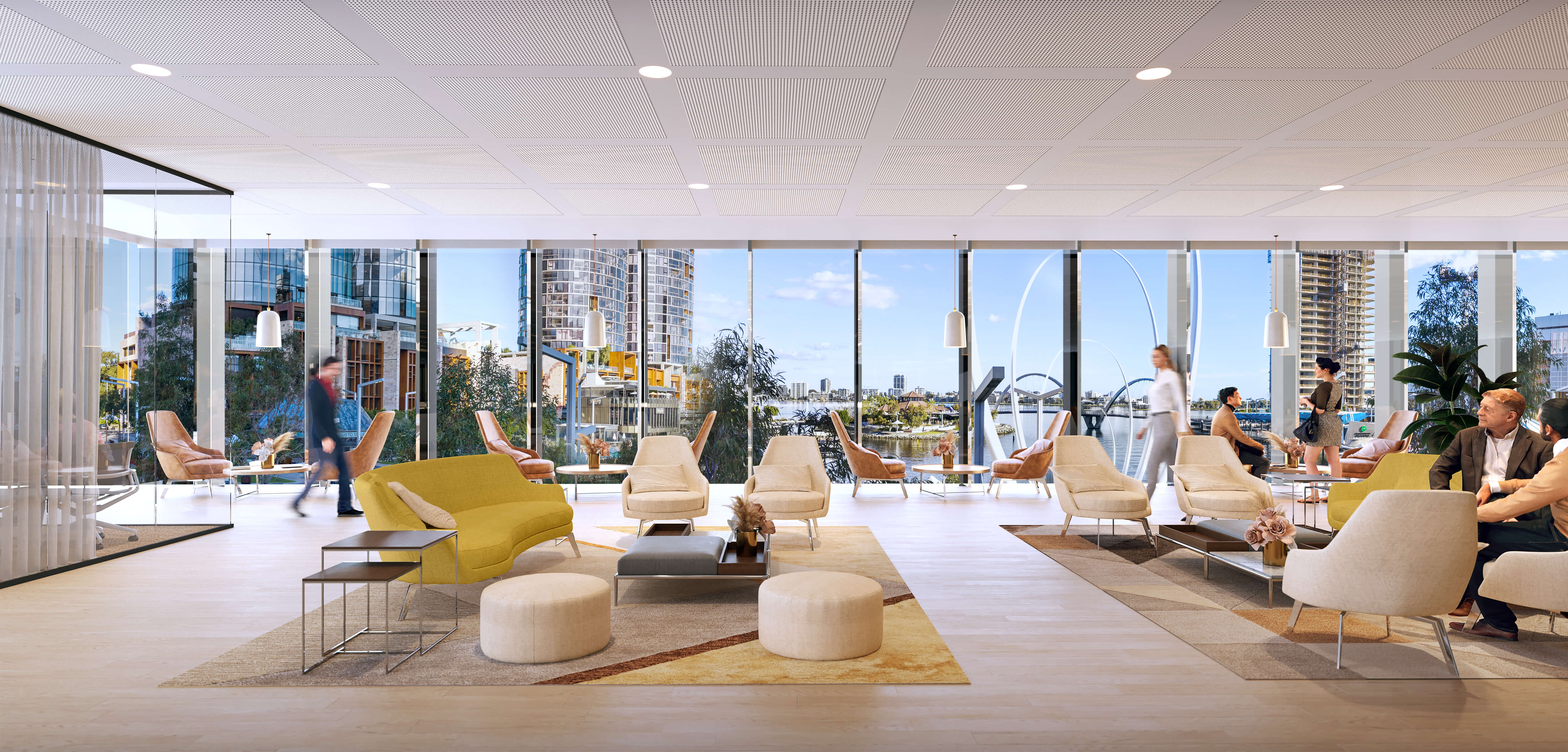 Lobby with yellow and cream soft seating, with view to water..