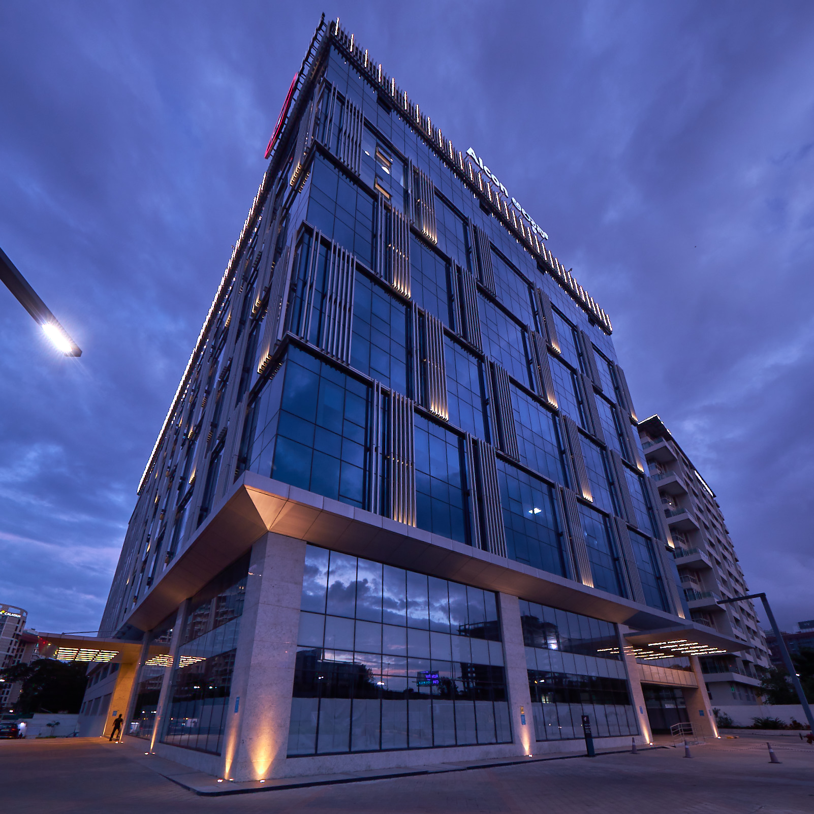 Azure office building at dusk
