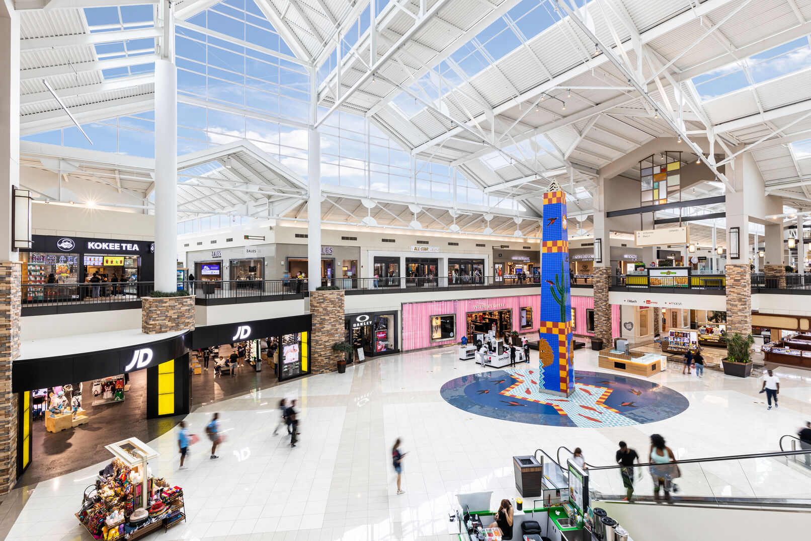 Interior of the shopping center The Parks Mall at Arlington showing several store fronts and kiosks