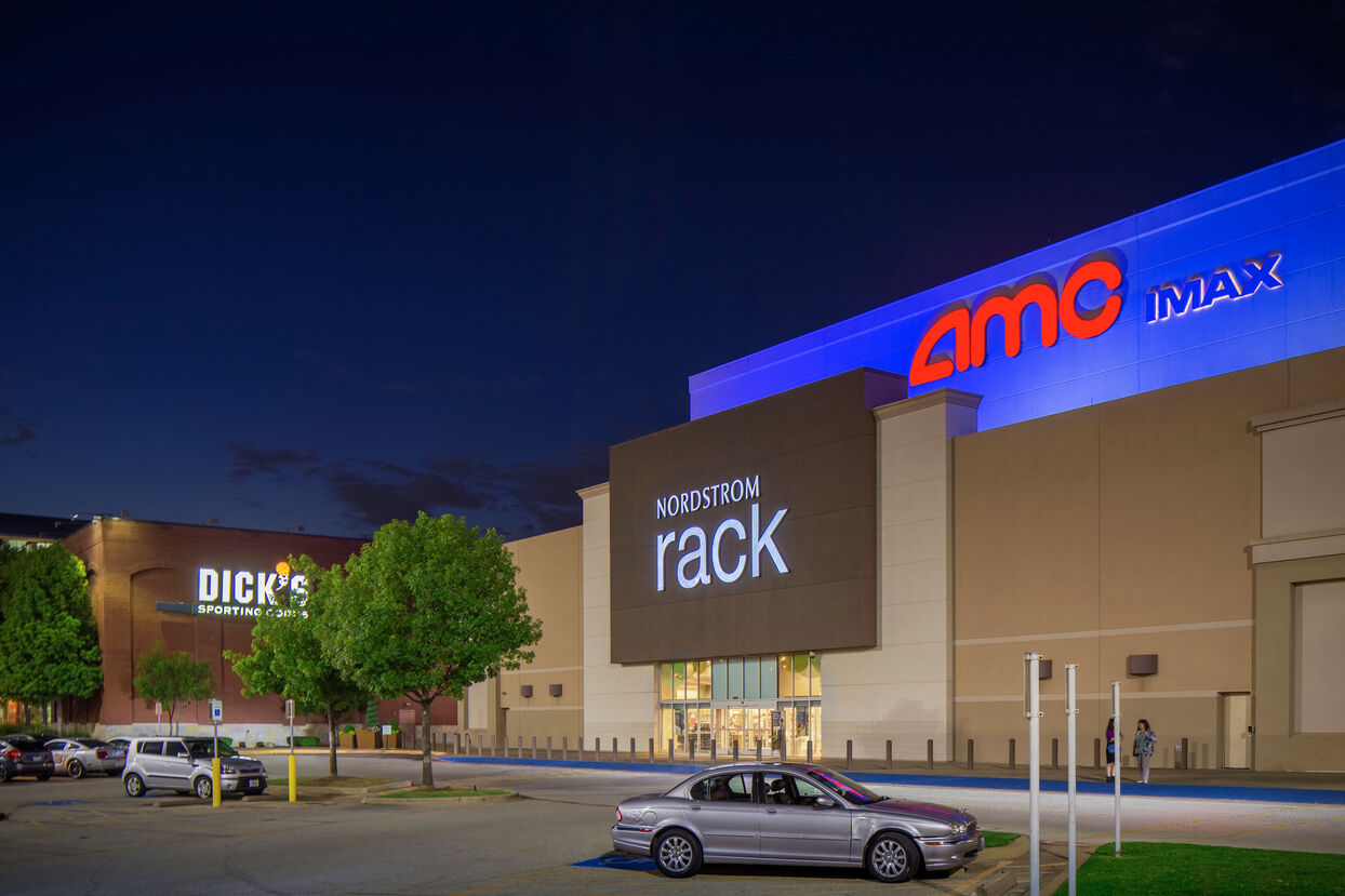 Exterior photo of The Parks Mall at Arlington showing Nordstrom Rack, Dick's and AMC IMax