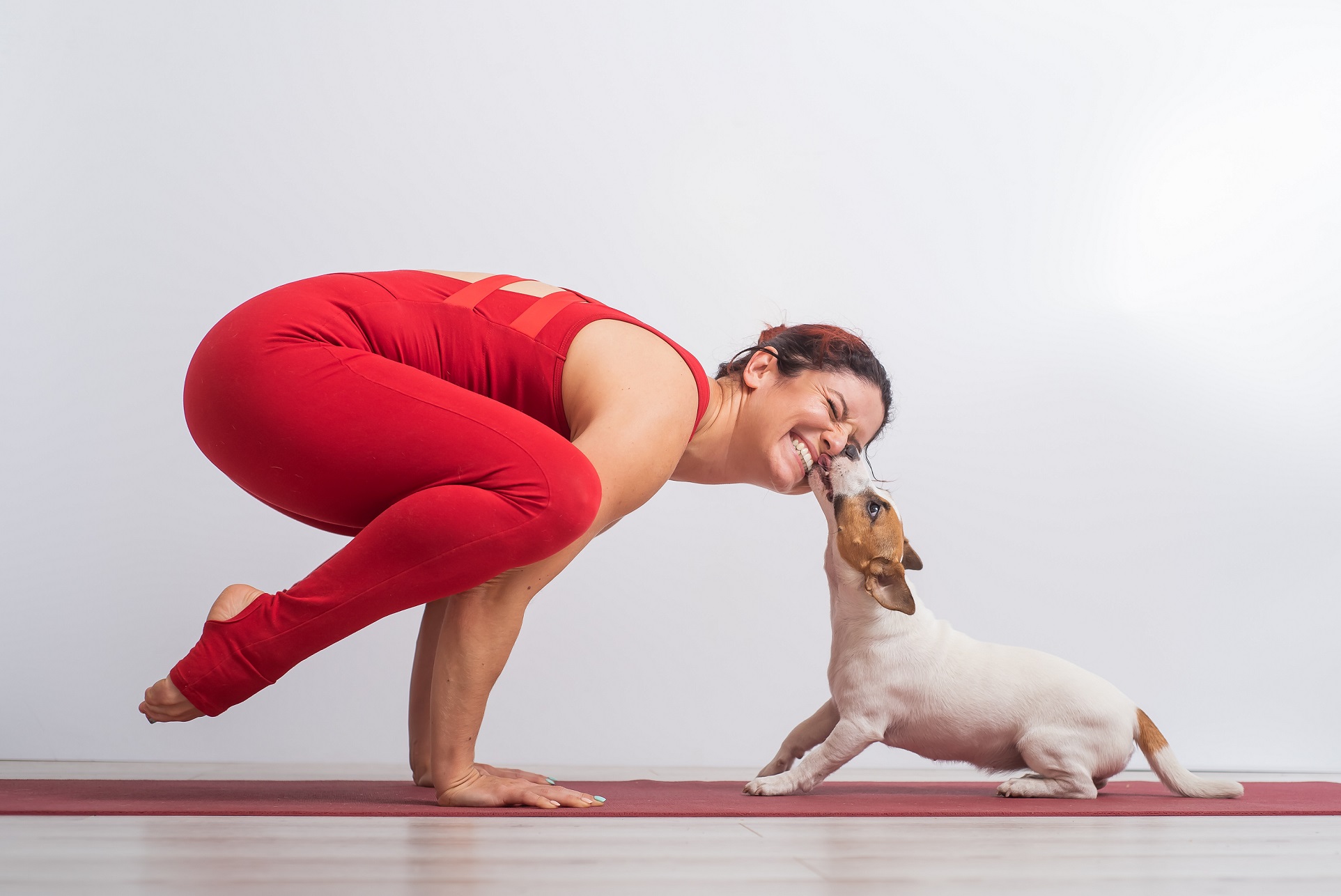 A woman doing yoga with a puppy.