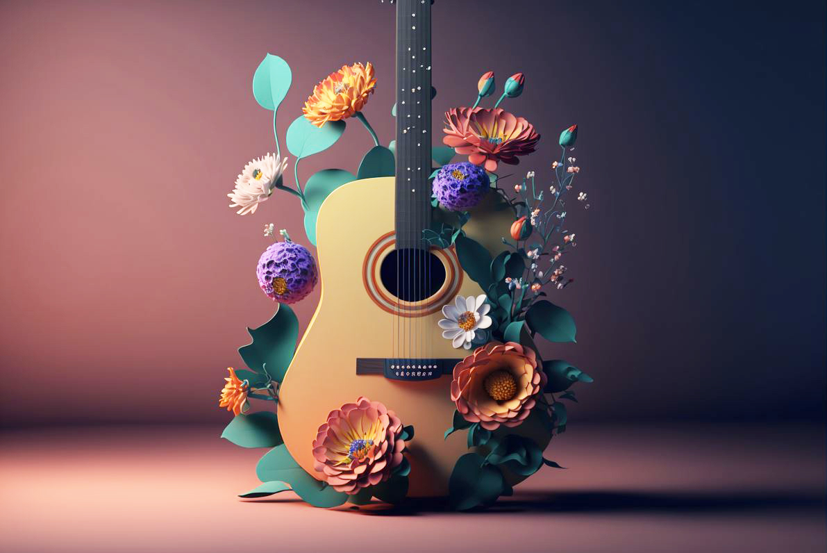 A guitar with flowers coming out from behind it.