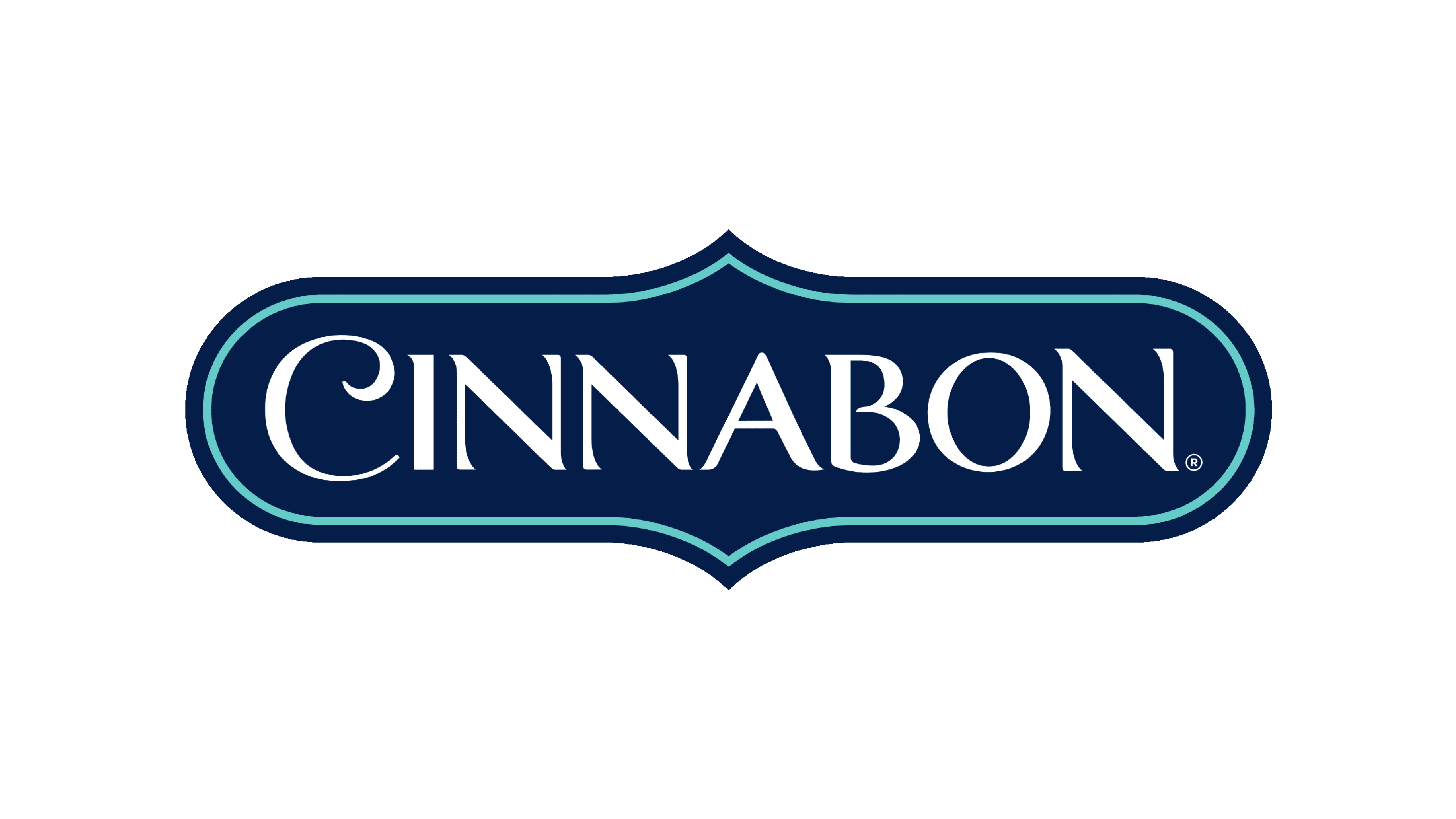 The Cinnabon logo, a dark blue banner with a lighter blue border. The word "Cinnabon" is written in the center of the banner in white.