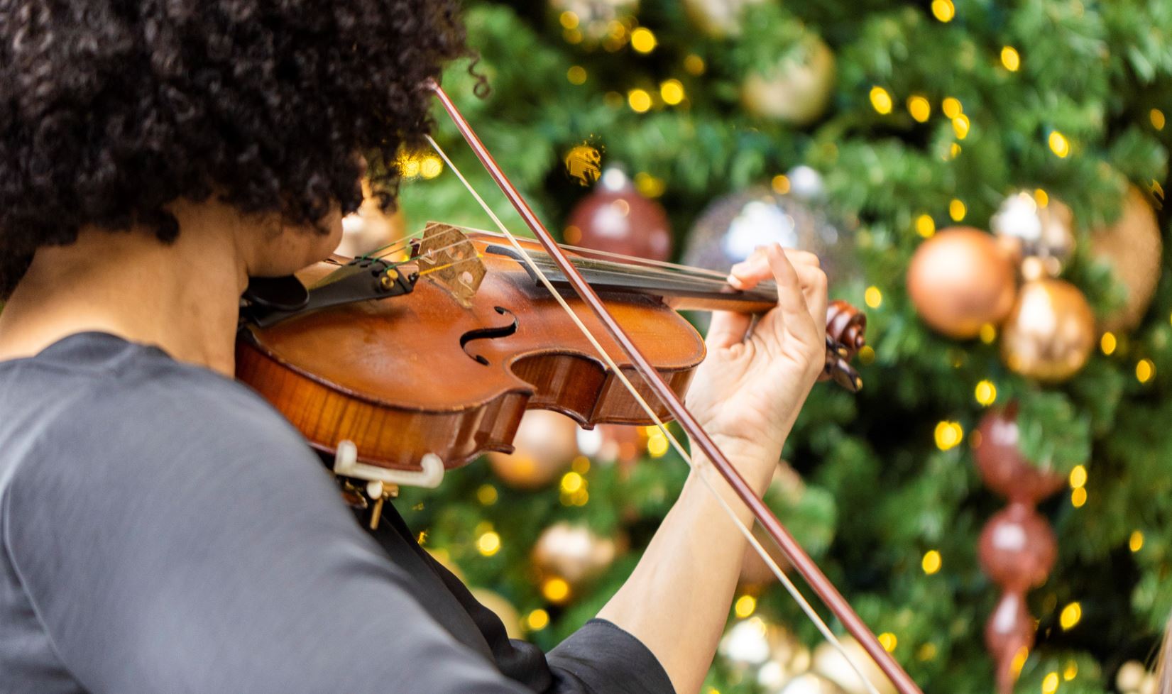 Woman playing violin in front of a tree