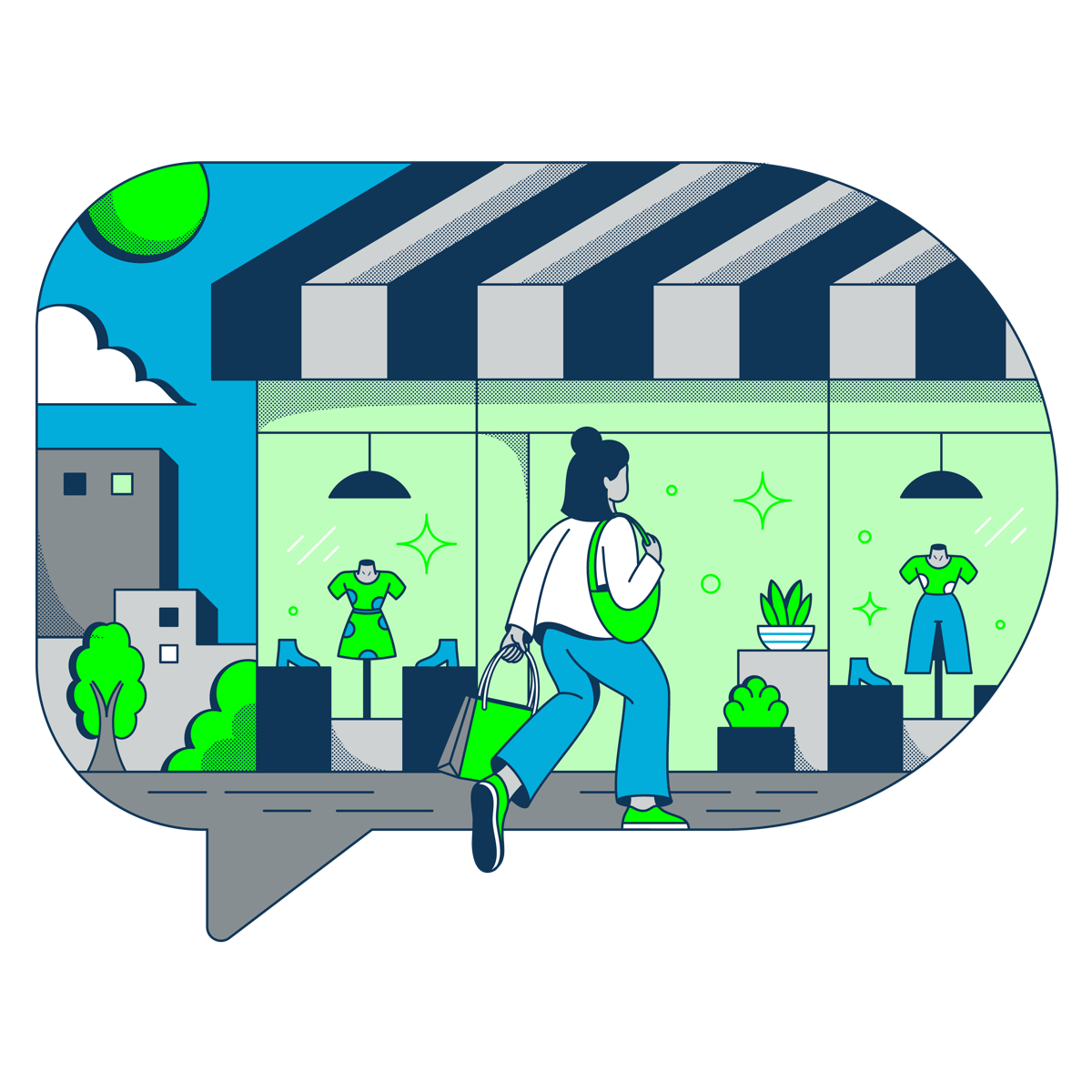 woman walking outside store illustration