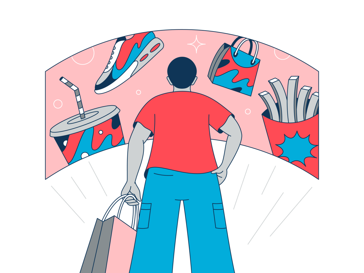 illustration of man looking at large merchandise items