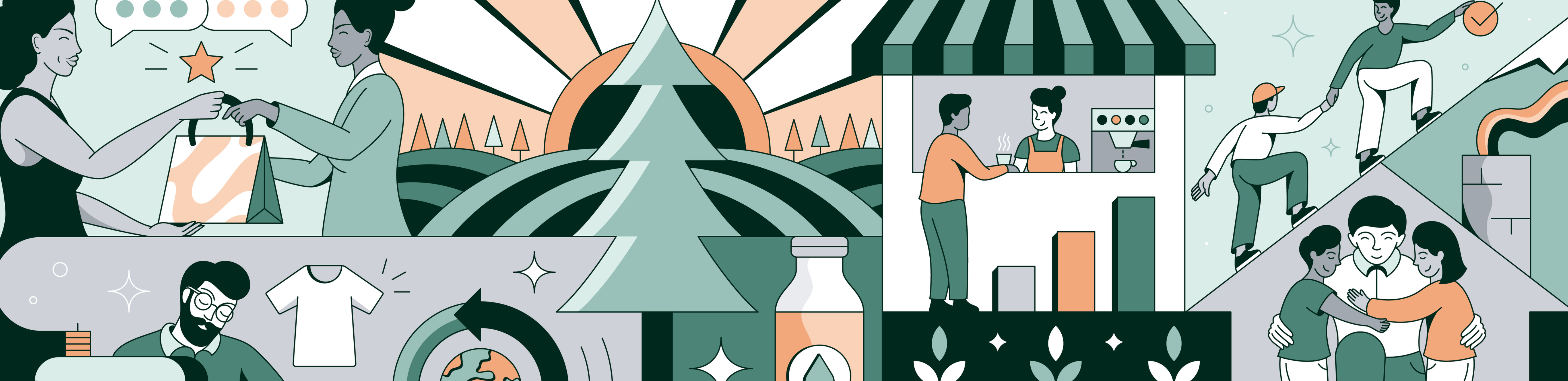 Six steps illustration of workers and stores