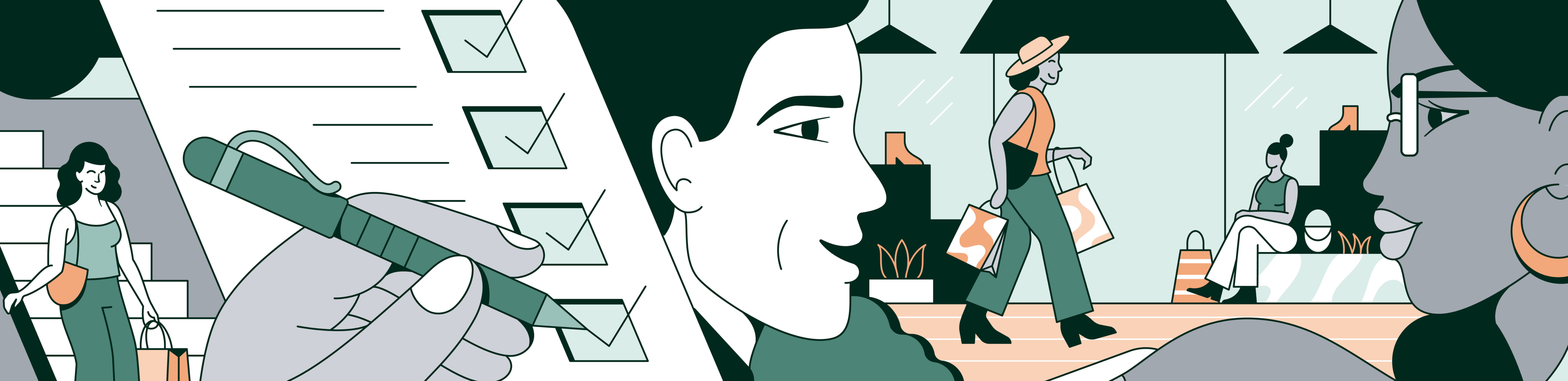 Signing a lease illustration with people shopping and checklist