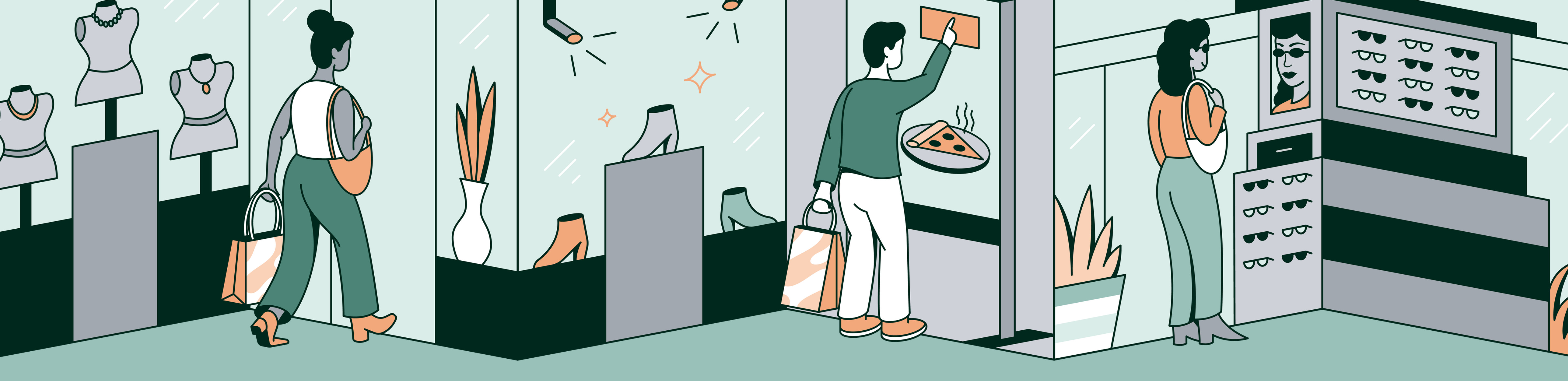 shoppers outside stores and kiosks illustration