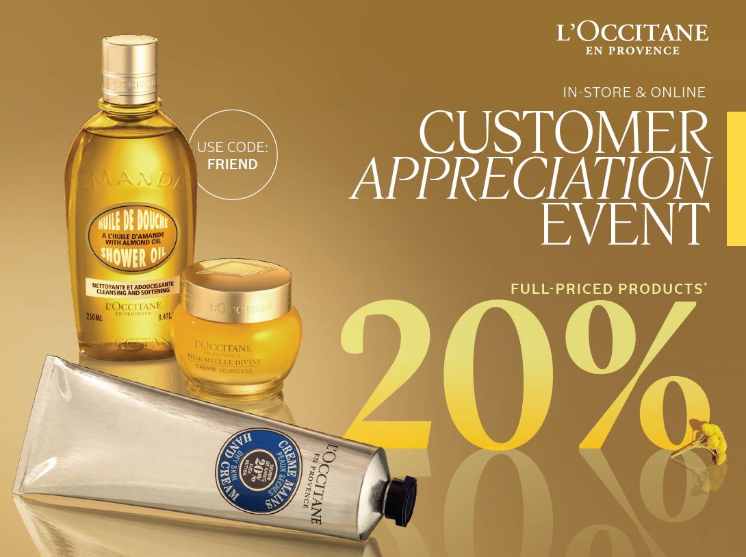 Save 20% off full sized products from L'Occitane